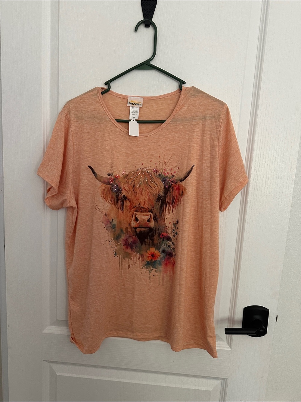 Peach Floral Highland Cow Tee - Kids Short Sleeve Shirt